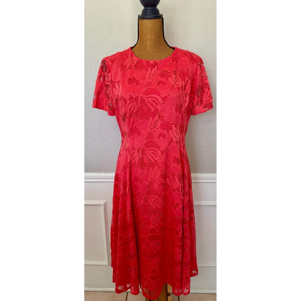Preston & York Womens Coral Pink Floral Lace Short Sleeve Midi A-Line Dress 10 - Picture 1 of 10